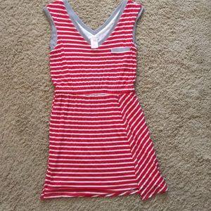 Red, gray and white striped dress.